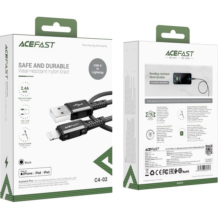 Кабель Acefast C4-02 USB-A to Lightning Cable (1,8 метра) чёрный (AF-C4-02-BK)