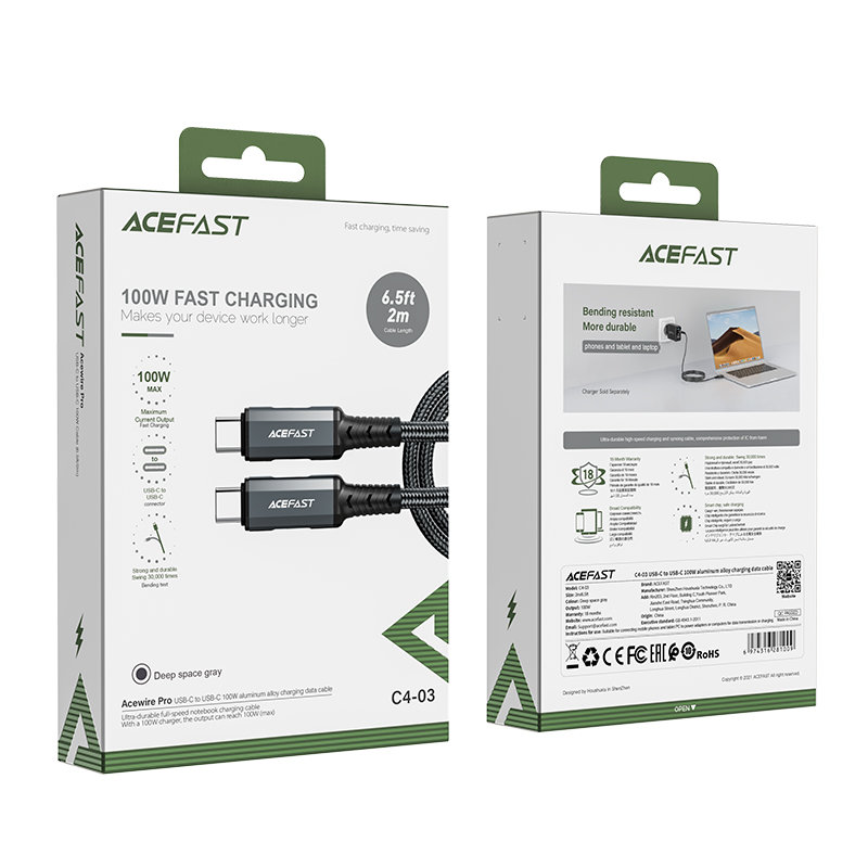 Кабель Acefast C4-03 USB-C to USB-C 100W (2 метра) серый космос (AF-C4-03-GY)