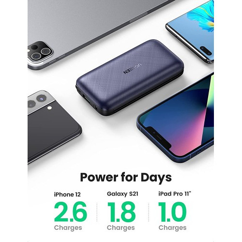 Внешний аккумулятор UGREEN PB172 (80917) Power Bank PD 20W 10000mAh со встроенным кабелем USB-C тёмно-синий