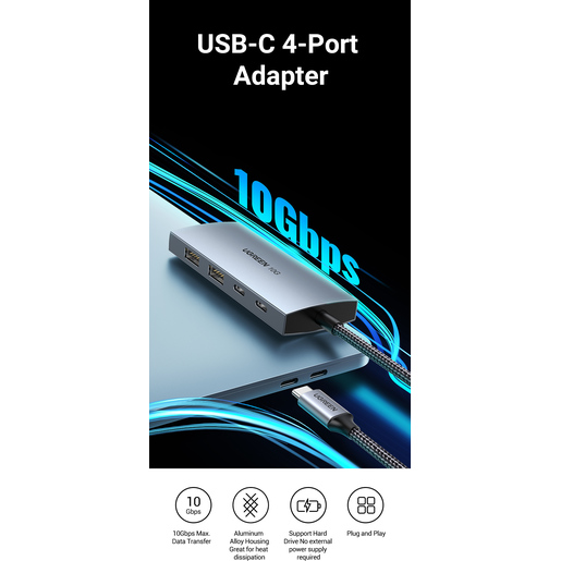 Мульти Хаб Ugreen CM480 (30758) USB-C to 2xUSB 3.1+2xUSB-C Adapter 10G серый