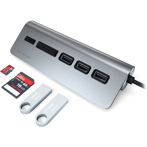 USB-хаб и картридер Satechi Type-C Aluminum USB 3.0 Hub & Card Reader (ST-TCHCRM) серый космос
