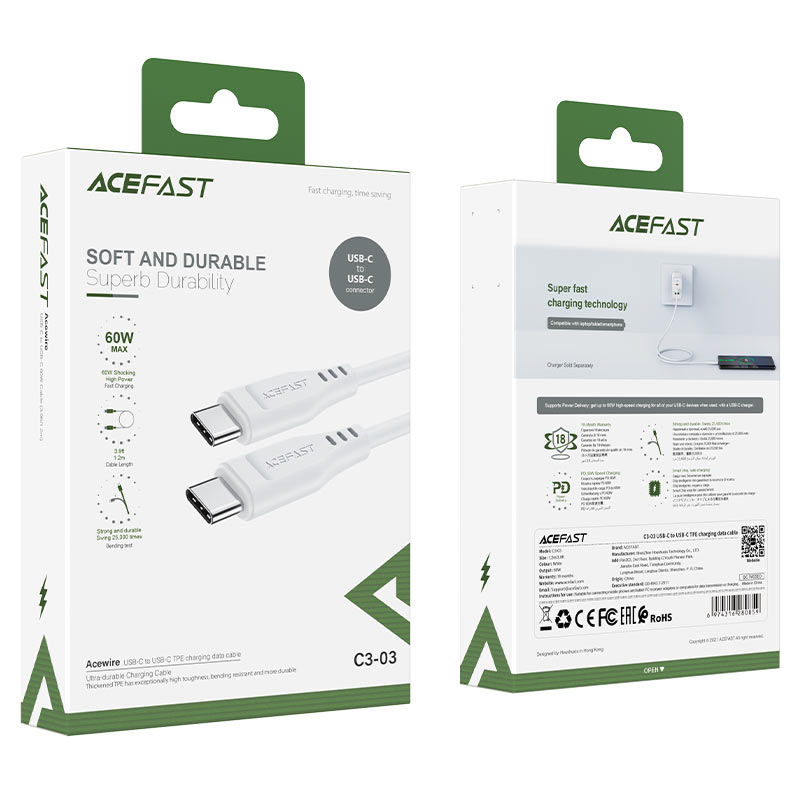 Кабель Acefast C3-03 USB-C to USB-C Charging Data Cable (1,2 метра) белый (AF-C3-03-WH)
