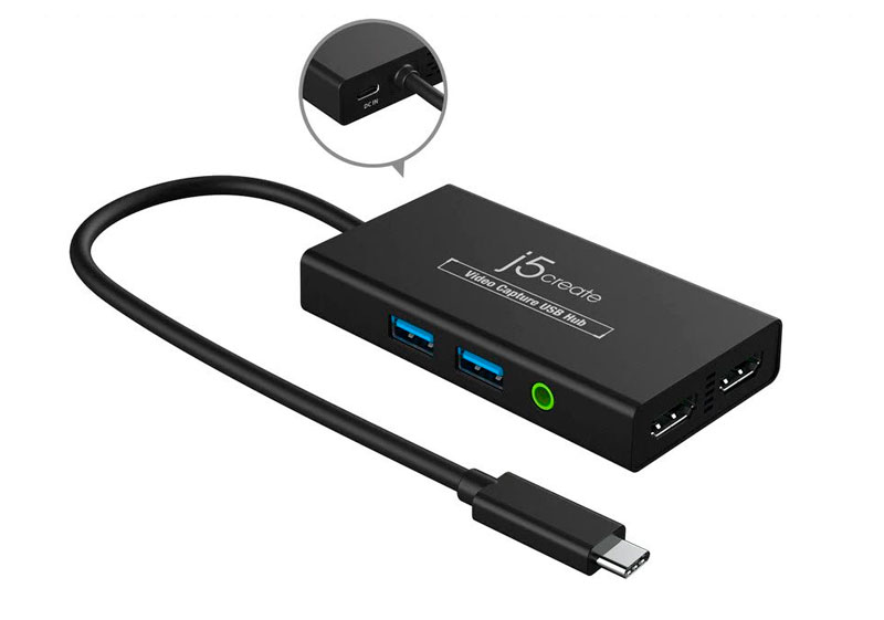 Внешняя карта видео захвата j5create + USB-хаб: 1x HDMI-вход, 1x HDMI-выход, 2x USB-A, 1x 3.5мм аудио