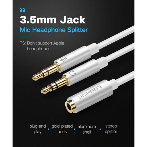 Кабель Ugreen AV140 Dual 3.5 mm Male to 3.5 mm Female Audio Cable (0,2 метра) белый (10790) 