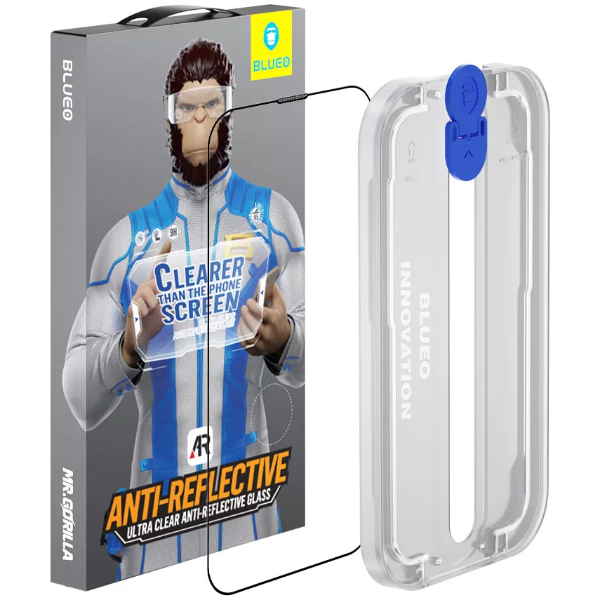 Защитное стекло Blueo 3D AR Anti-reflective (+install) 0.4 мм для iPhone 14 Pro ультра-прозрачное с чёрной рамкой