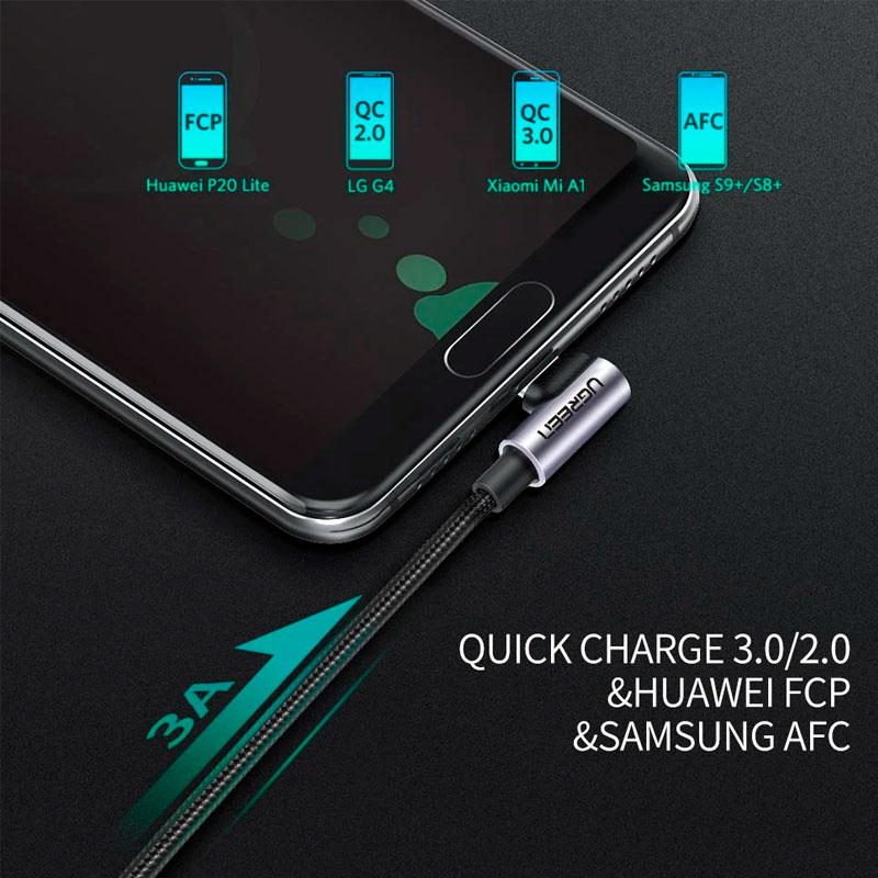 Кабель UGREEN US284 (50942) Angled 90° USB-C Male to USB-A 2.0 Male 3A Data Cable (2 метра) серый космос