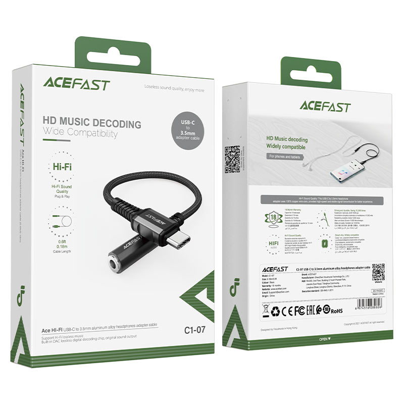 Кабель Acefast C1-07 USB-C to 3.5 mm Cable (18 сантиметров) чёрный (AF-C1-07-BK)