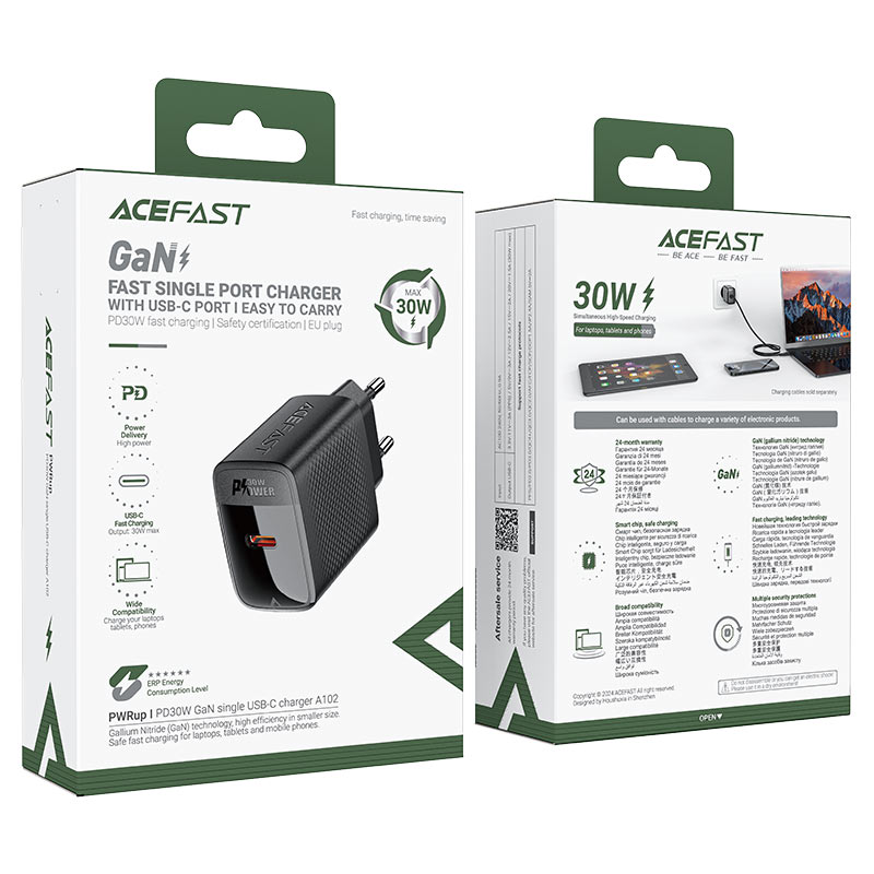 Сетевое зарядное устройство Acefast A102 USB Type-C PD30W GaN чёрное (AF-A102-BK) 