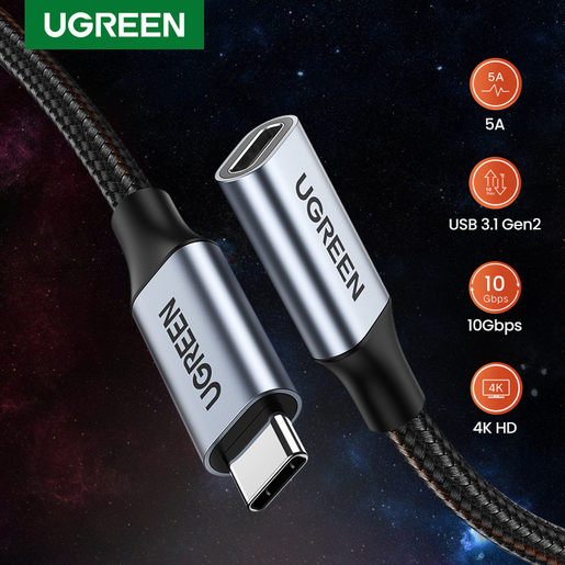 Кабель Ugreen US372 USB-C Male to USB-C Female Braided Extension Cable (0,5 метра) чёрный (80810)