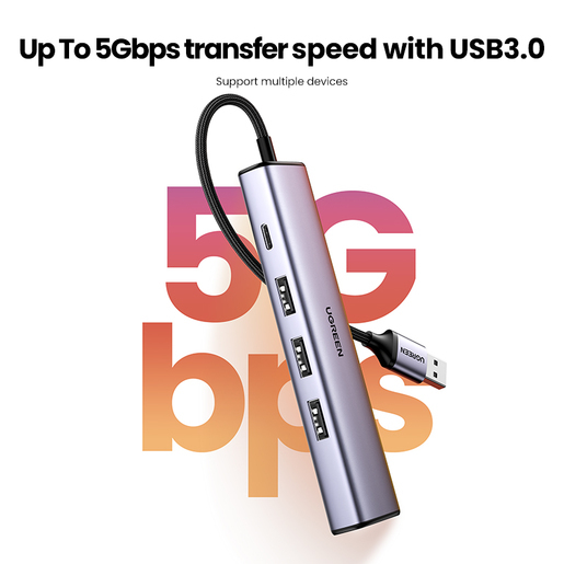 Мульти Хаб UGREEN CM475 (60554) USB 3.0 to 3×USB 3.0 Hub+RJ45 Ethernet Adapter Type-C Power Supply серый
