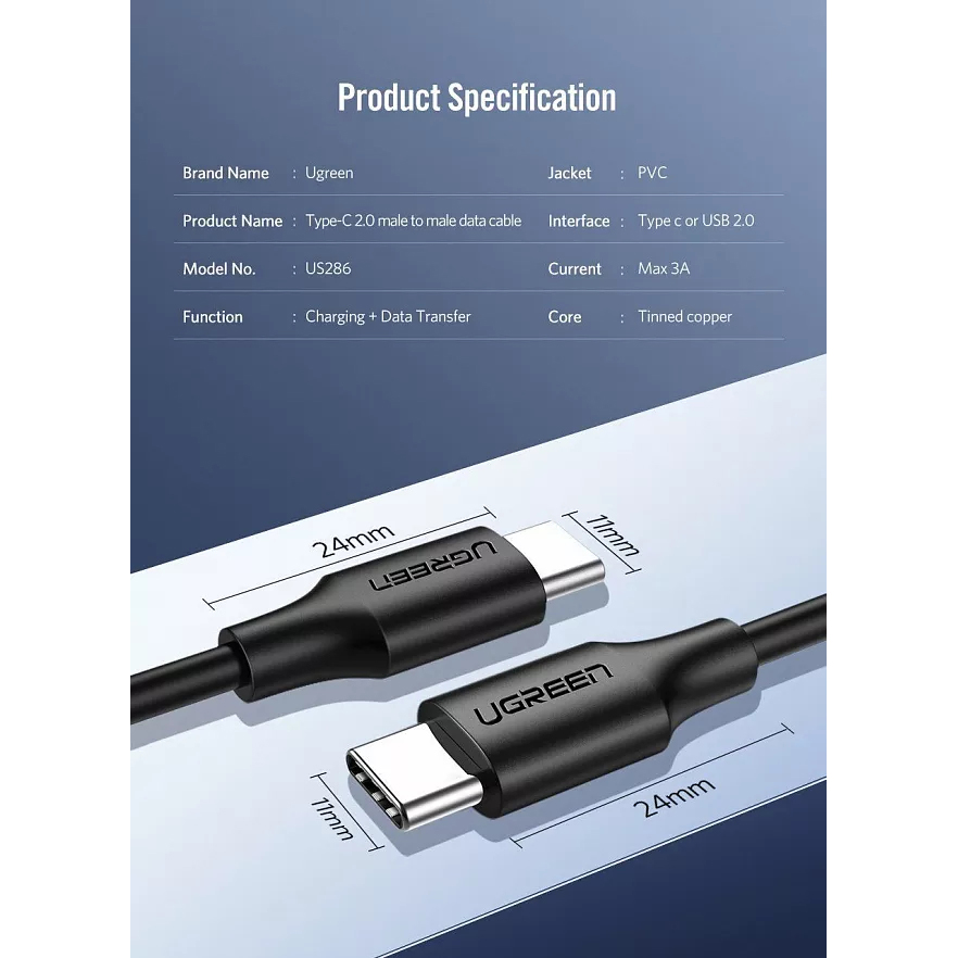 Кабель Ugreen US286 Type-C to Type-C Cable (1,5 метра) чёрный (50998)