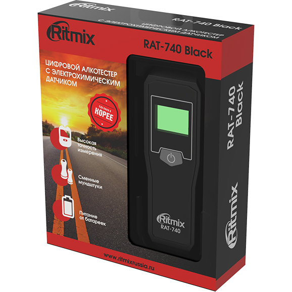 Алкотестер Ritmix RAT-740 чёрный (Диапазон: 0,00-2,00 мг/л; ±0,025 мг/л)