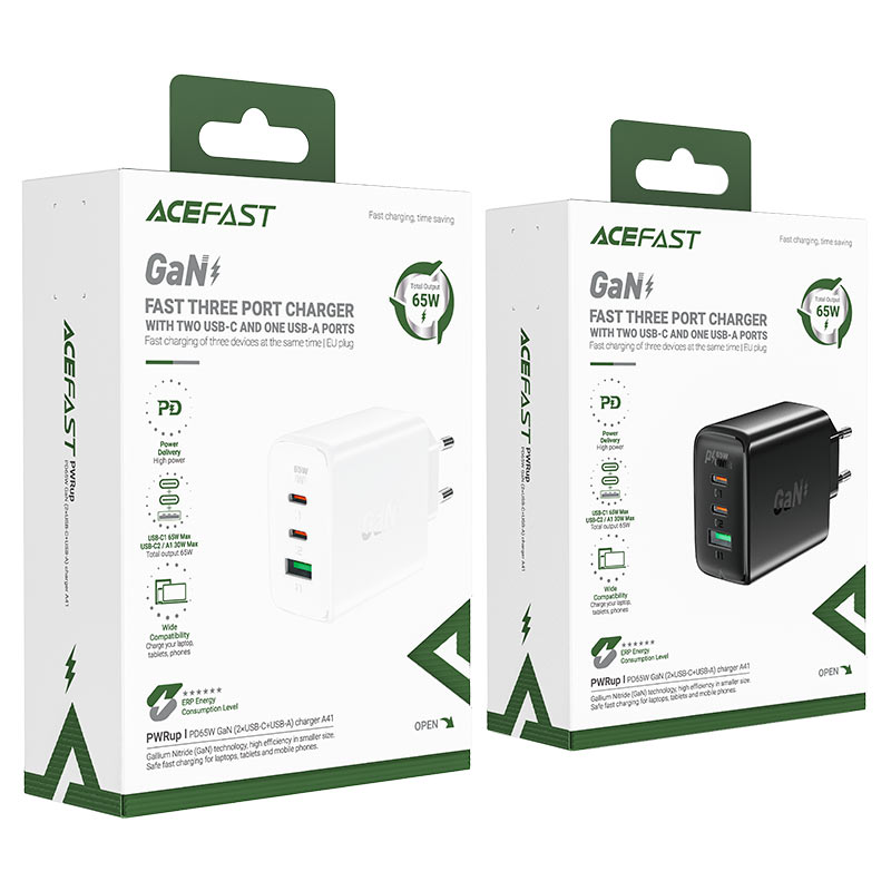 Сетевое зарядное устройство ACEFAST A41 PD65W GaN (2xUSB-C + USB-A) Fast Charge Wall Charger белое (EU)
