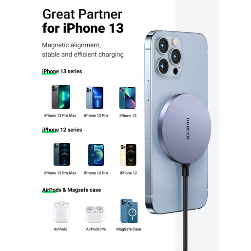 Беспроводное зарядное устройство Ugreen CD245 Magnetic Wireless Charger 15W серый космос (30233)