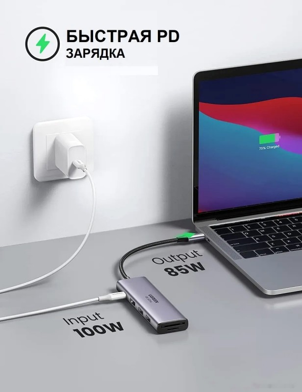 Мульти Хаб Ugreen CM511 (60384) USB-C Multifunction Adapter with PD Charging Серый космос