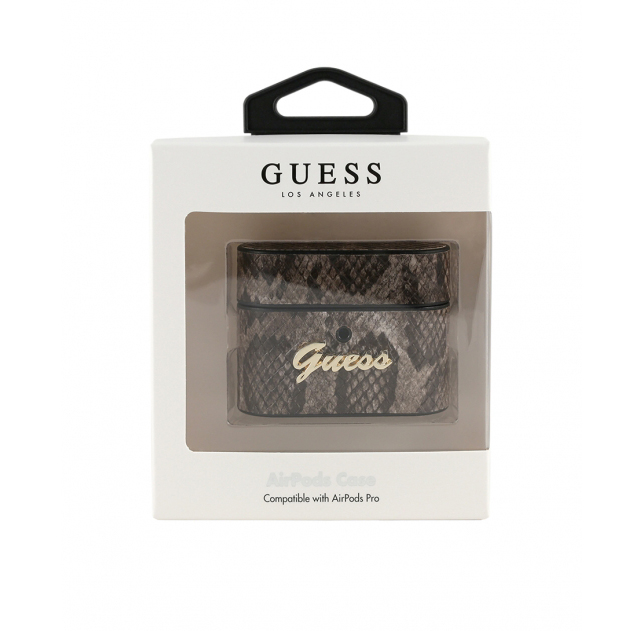Чехол Guess Python PU Leather Case Metal Logo для AirPods Pro коричневый