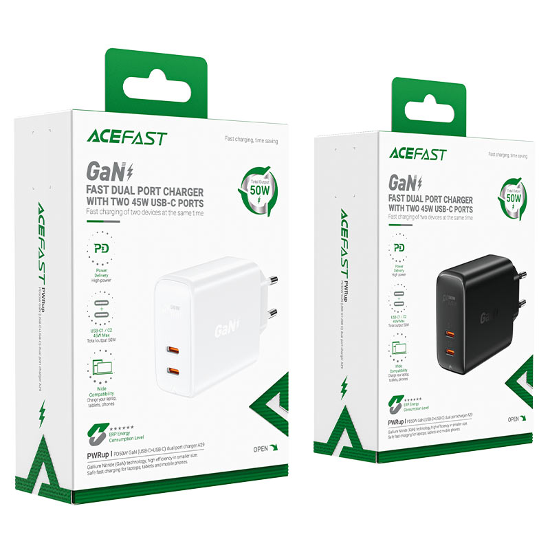 Сетевое зарядное устройство ACEFAST A29 GaN PD50W (2xUSB-C) Fast Charge Wall Charger чёрное (EU)