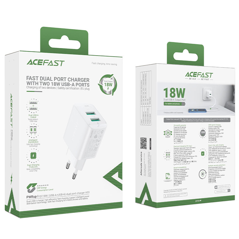 Сетевое зарядное устройство Acefast A33 2 x USB 18W Wall Charger белое (AF-A33-WH)