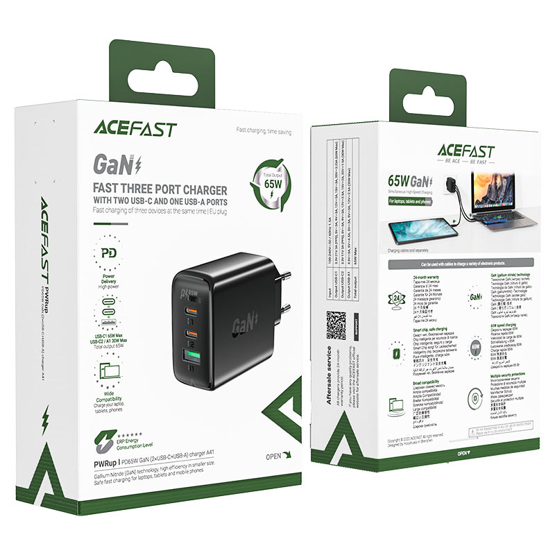 Сетевое зарядное устройство ACEFAST A41 PD65W GaN (2xUSB-C + USB-A) Fast Charge Wall Charger чёрное (EU)