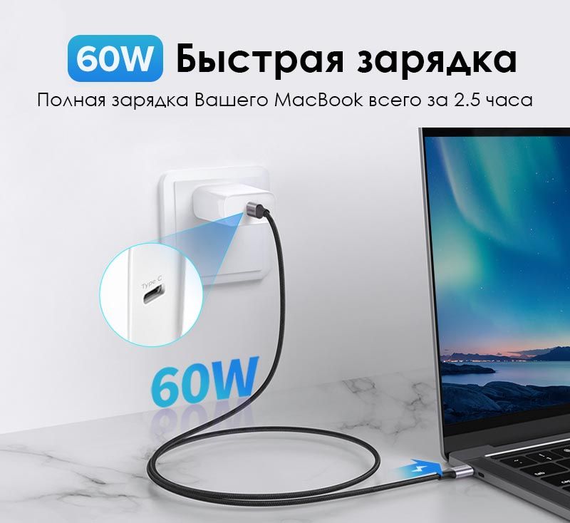 Кабель UGREEN US261 (50150) USB-C 2.0 M/M Round Cable Nickel Plating Aluminum Shell (1 метр) чёрный