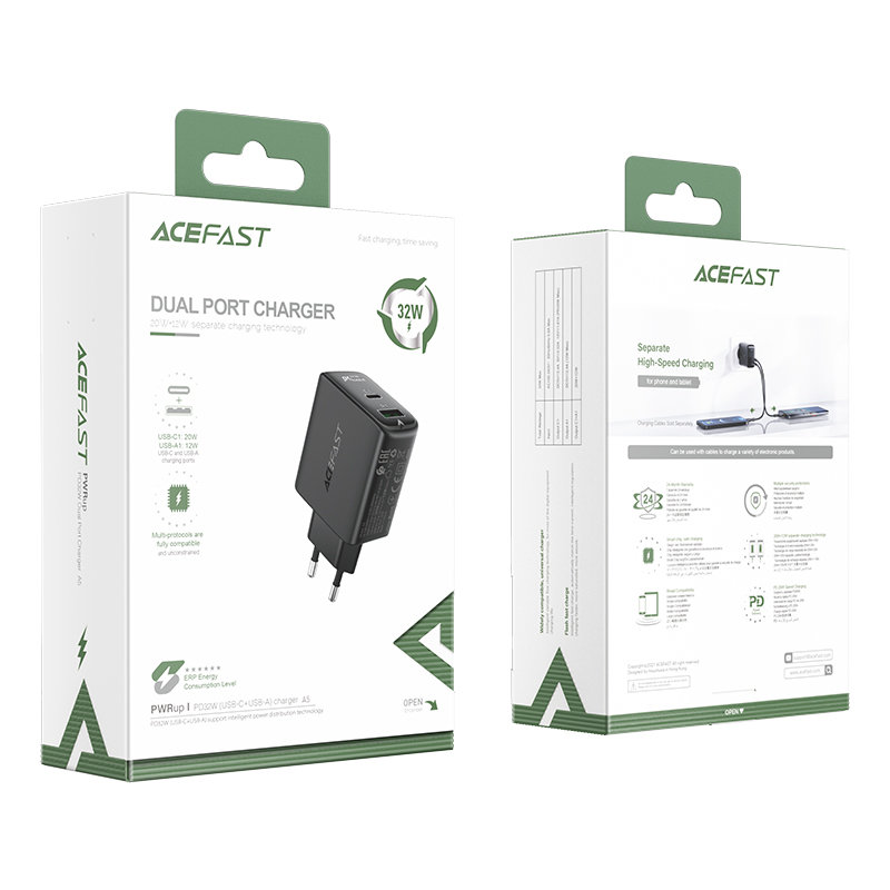 Сетевое зарядное устройство Acefast A5 USB Type-C / USB 32W PD Wall Charger чёрное (AF-A5-BK)