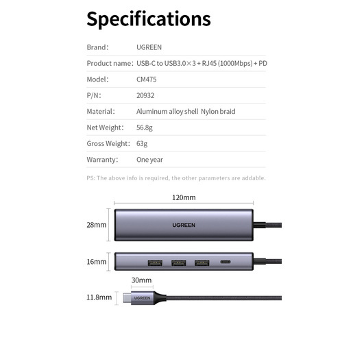 Мульти Хаб UGREEN CM475 (20932) USB-C Multifunction Gigabit Ethernet Adapter with PD серый космос