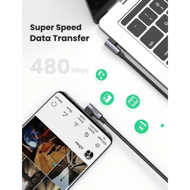 Кабель угловой UGREEN US335 (70698) Angled USB-C 2.0 Male To Angled USB-C 2.0 Male 5A Data Cable (2 метра) чёрный