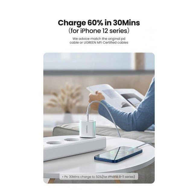 Сетевое зарядное устройство Ugreen CD137 (50698) PD 20W Fast Charger Set  с кабелем USB-C - Lightning белое