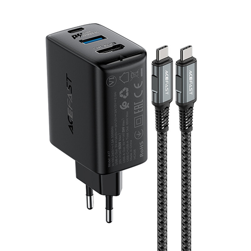 Сетевое зарядное устройство Acefast A17 GaN 65W USB Type-C / USB / HDMI HUB Charger с кабелем USB-C чёрное (AF-A17-BK)
