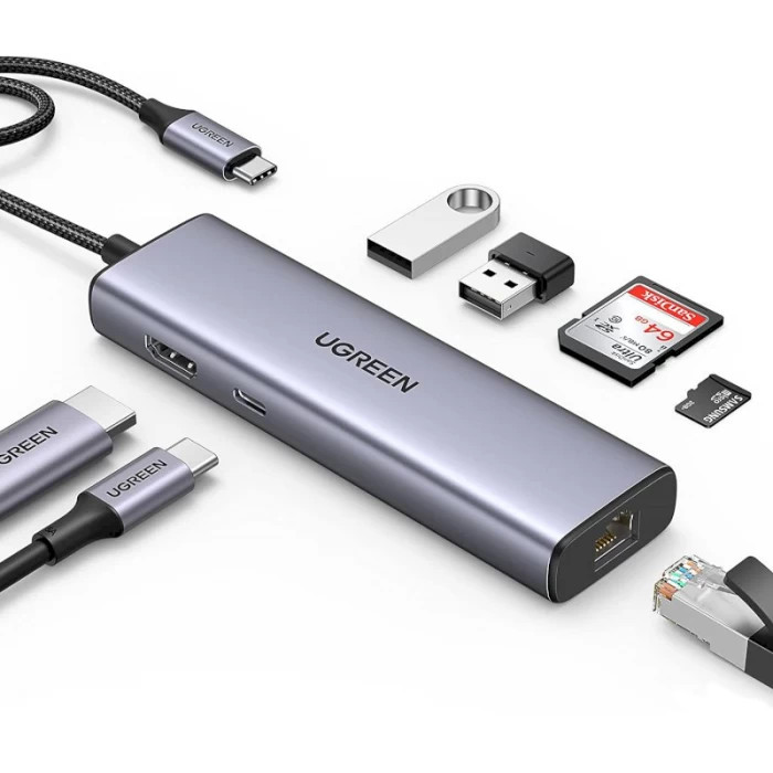 Мульти Хаб UGREEN CM512 (90568) USB-C to 2*USB3.0+HDMI+RJ45+SD&TF+PD Port Converter серый
