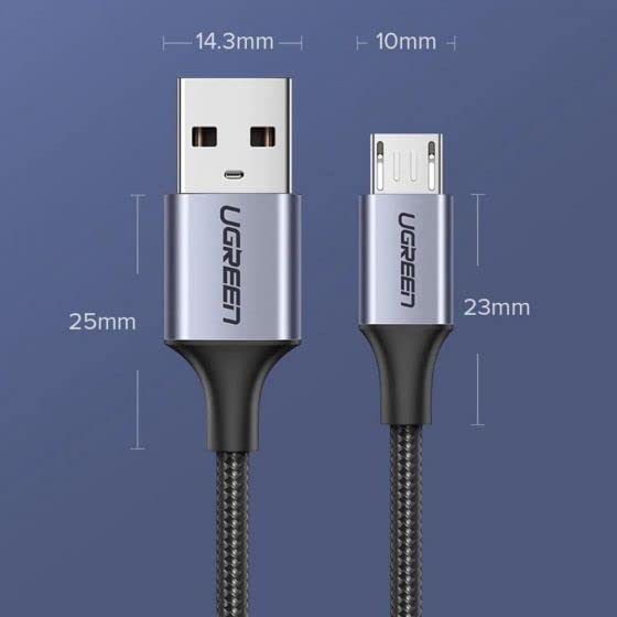 Кабель UGREEN US290 (60147) USB-A 2.0 to Micro-USB Cable Nickel Plating Alu Braid (1.5 метра) чёрный/серый