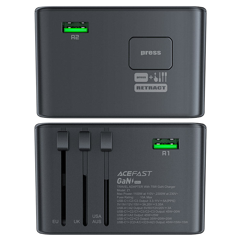 Сетевое зарядное устройство Acefast Z1 PD75W GaN 3 x USB-C + 2 x USB-A Multifunctional Charging Adapter чёрное (AF-Z1-GY)