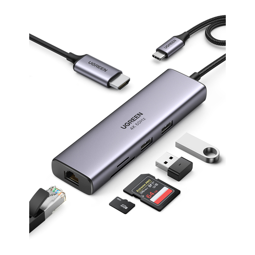 Мульти Хаб Ugreen CM512 (20954) USB-C to 2xUSB-A 3.0+HDMI+RJ45+SD/TF Converter серый