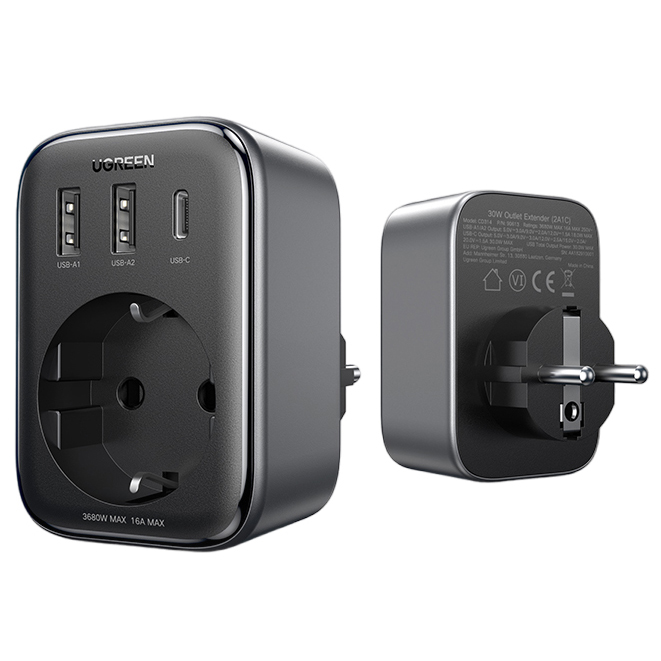 Сетевое зарядное устройство Ugreen CD314 2 x USB-A + USB-C 30W чёрное (90613)