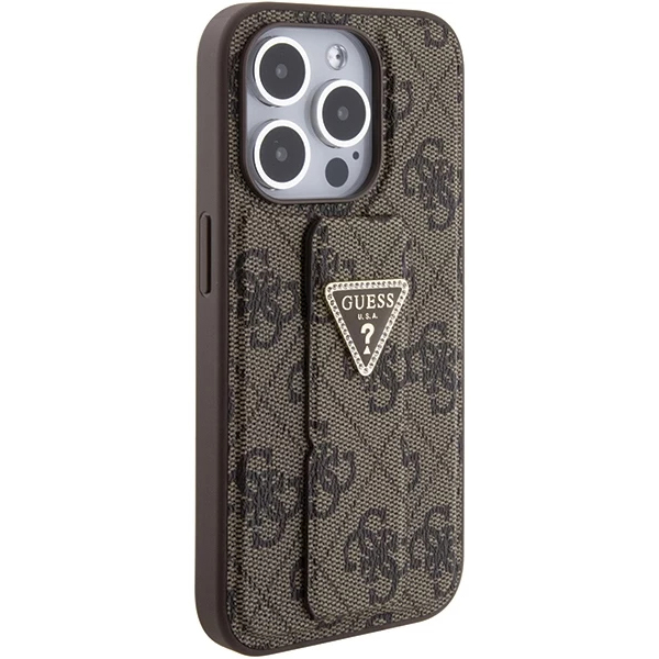 Чехол CG Mobile Guess Grip Stand PU 4G Triangle Diamond Metal Logo для iPhone 15 Pro коричневый