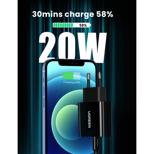 Сетевое зарядное устройство Ugreen CD137 (50799) PD 20W Fast Charger Set  с кабелем USB-C - Lightning чёрное