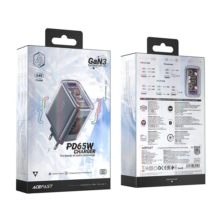 Сетевое зарядное устройство AceFast A45 Sparkling series PD65W GaN (2xUSB-C+USB-A) FCW Charger серое (Grey)