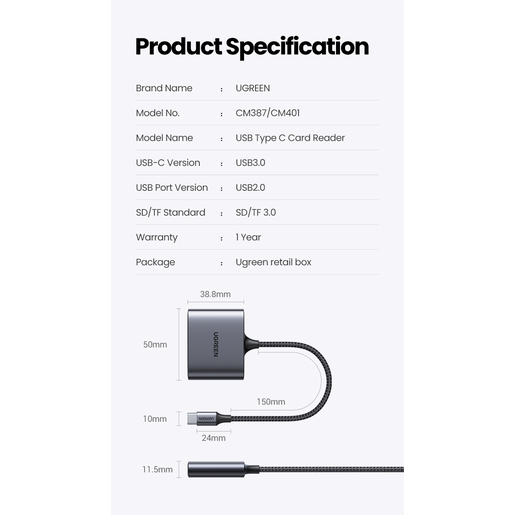 Кардридер Ugreen CM387 USB-C to SD/microSD(TF) + USB 2.0 Memory Card Reader (80798)
