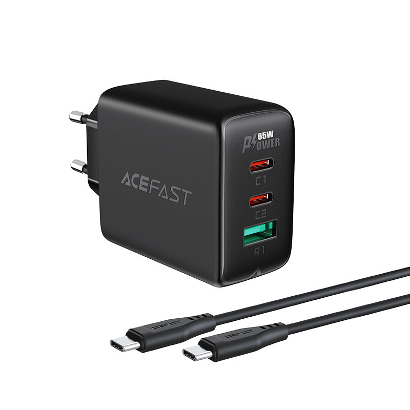 Сетевое зарядное устройство Acefast A13 65W 2 x USB-C + 1 x USB-A с кабелем USB-C чёрное (AF-A13-BK)