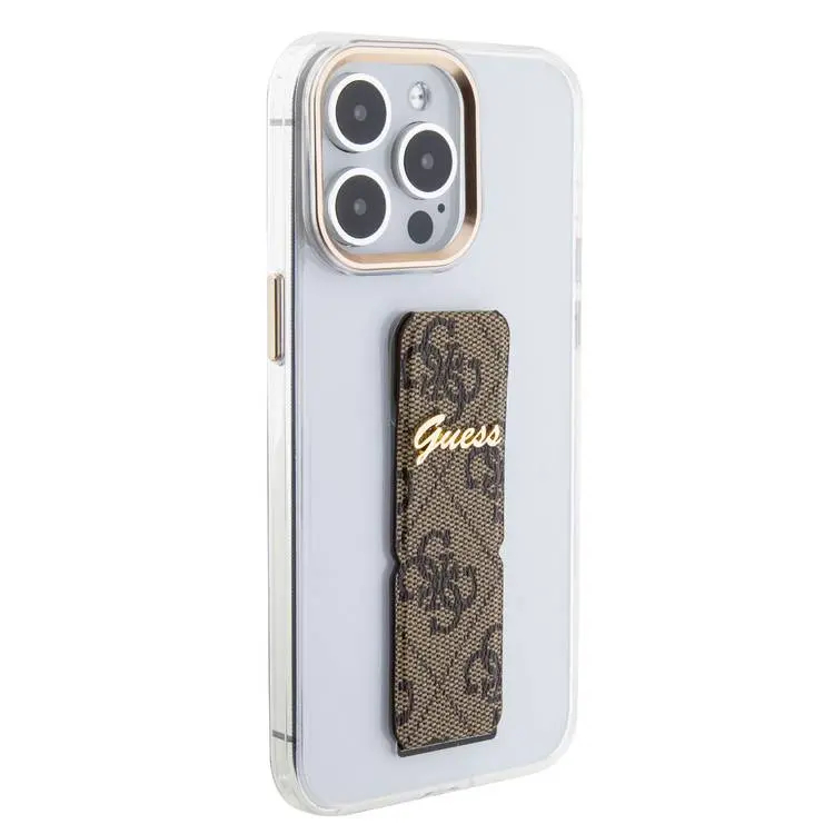 Чехол CG Mobile Guess Grip Stand Clear Case 4G Script Logo для iPhone 15 Pro Max прозрачный / коричневый