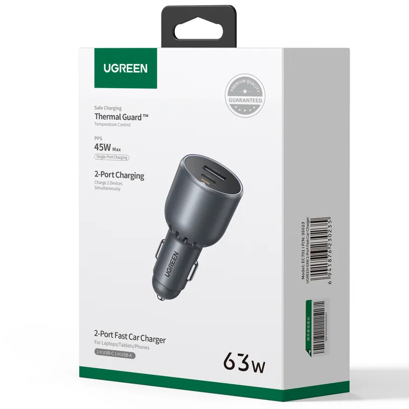 Автомобильное зарядное устройство Ugreen EC701 USB + USB Type-C 63W серое (35023)