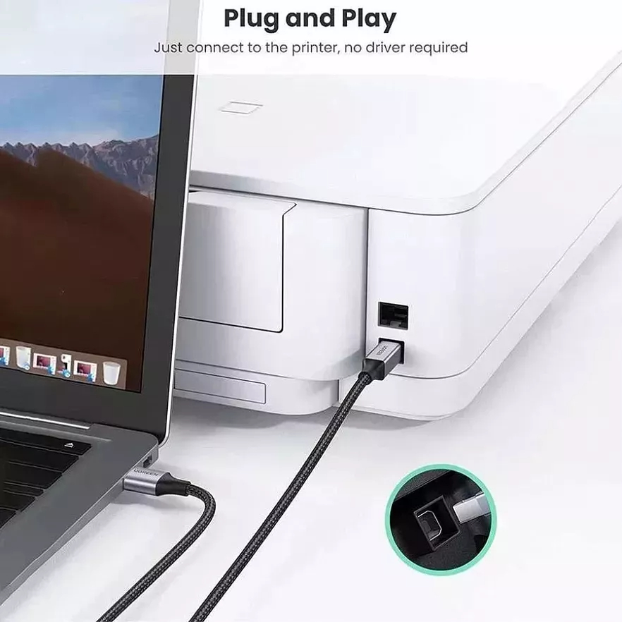 Кабель Ugreen US369 USB-A to USB-B 2.0 (1 метр) чёрный / серый космос (80801)