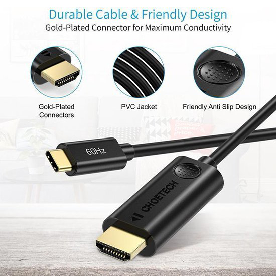 Кабель Choetech USB-C Thunderbolt 3 to HDMI Cable CH0019 (1,8 метра) чёрный  