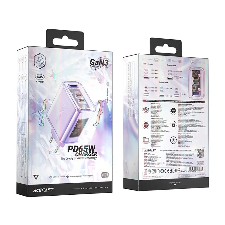Сетевое зарядное устройство AceFast A45 Sparkling series PD65W GaN (2xUSB-C+USB-A) FCW Charger фиолетовое (Purple)