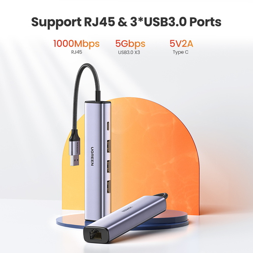 Мульти Хаб UGREEN CM475 (60554) USB 3.0 to 3×USB 3.0 Hub+RJ45 Ethernet Adapter Type-C Power Supply серый
