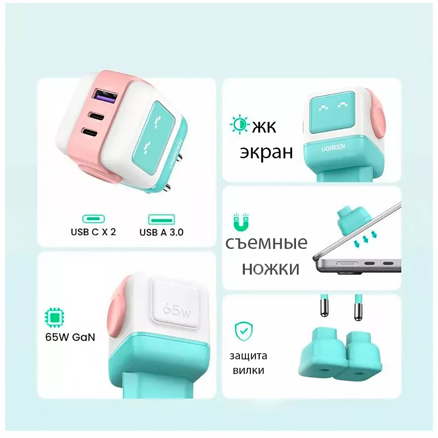 Зарядка UGREEN CD361 (35855) Nexode 65W Robot розово-голубая