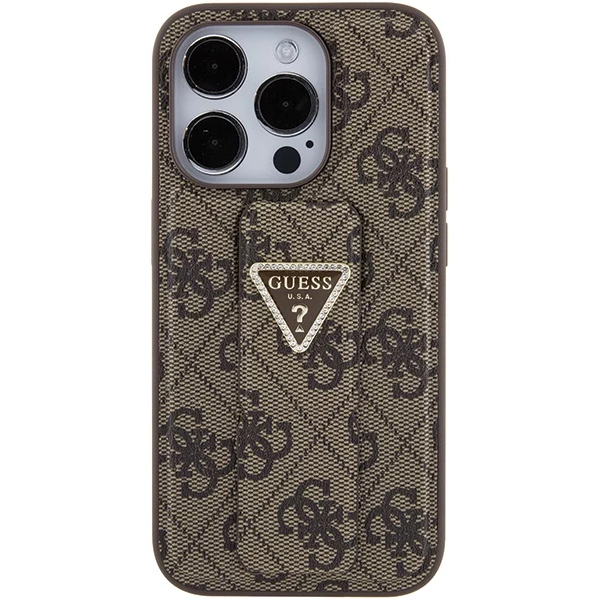 Чехол CG Mobile Guess Grip Stand PU 4G Triangle Diamond Metal Logo для iPhone 15 Pro коричневый