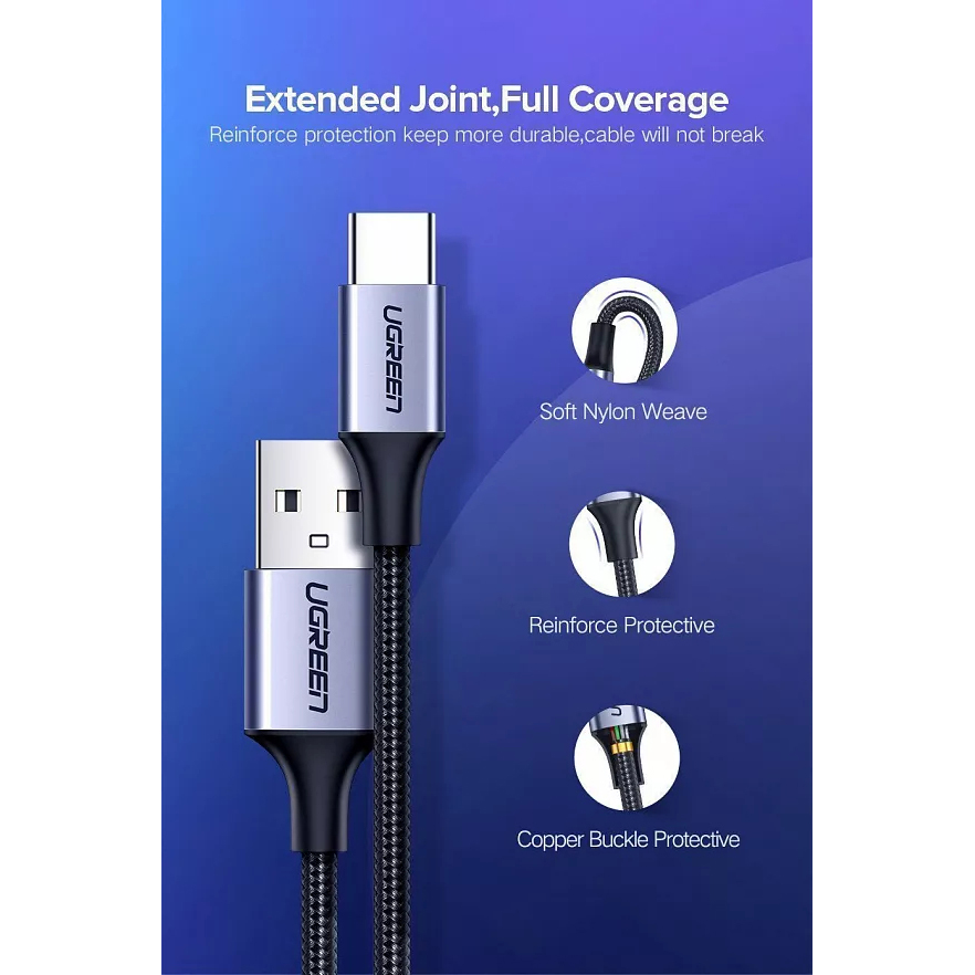 Кабель Ugreen US288 USB-A 2.0 to USB-C Cable Nickel Plating Aluminum Nylon Braid (1,5 метра) чёрный / серый космос (60127)