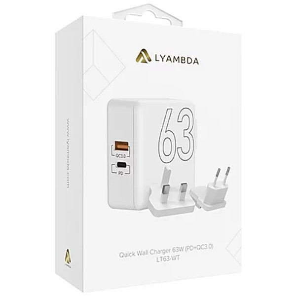 Сетевое зарядное устройство Lyambda 63 Вт с 2-мя выходами (PD+QC3.0) белое (LT63-WT)