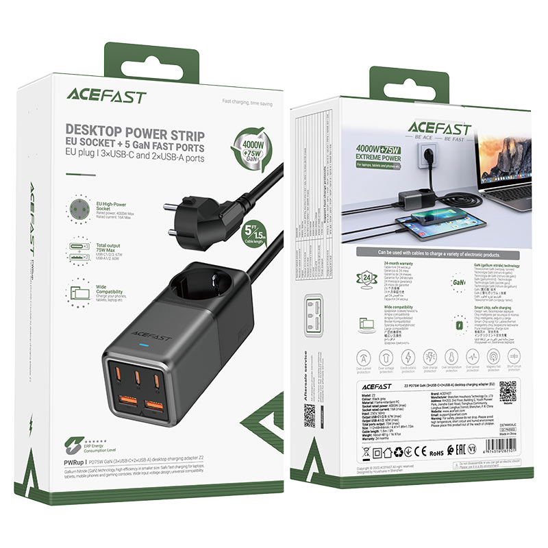 Сетевое зарядное устройство Acefast Z2 PD75W GaN 3 x USB-C + 2 x USB-A Charging Adapter чёрное (AF-Z2-GY)